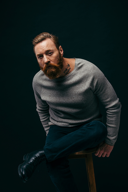 Trendy bearded man in grey sweater sitting on chair and looking at camera isolated on black