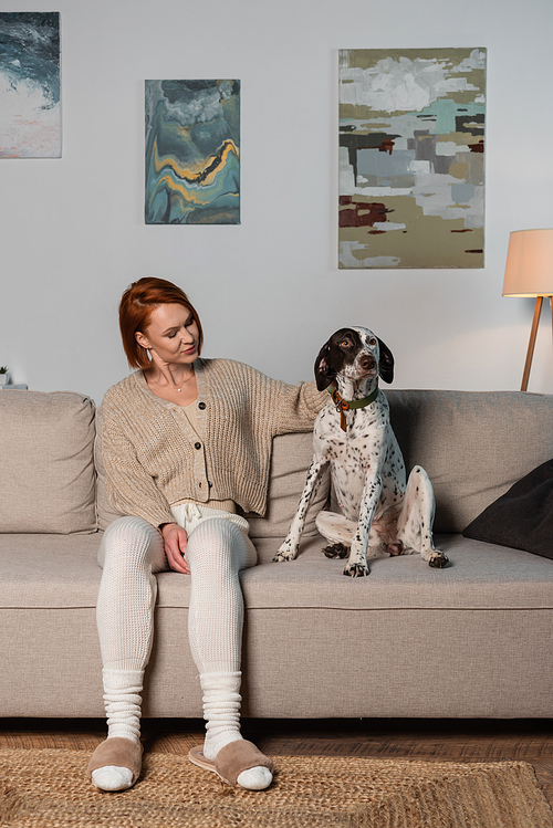 Red haired woman in cardigan looking at dalmatian dog on couch
