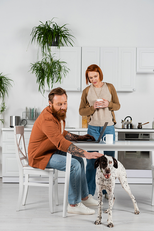 Bearded man petting dalmatian dog near laptop and wife with cup in kitchen