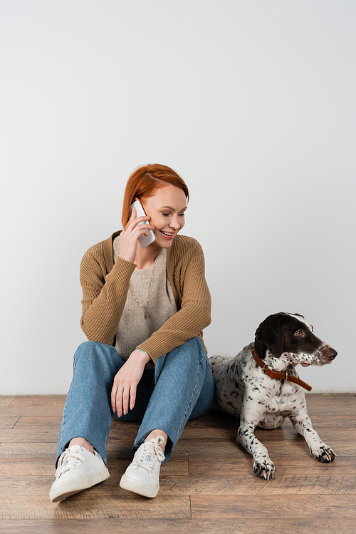 Cheerful redhead woman talking on cellphone near dalmatian dog on floor