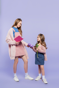 full length of happy girl holding gift box and tulip near mother with greeting card on purple