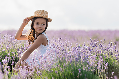 brunette girl in straw hat looking away in field with blooming lavender