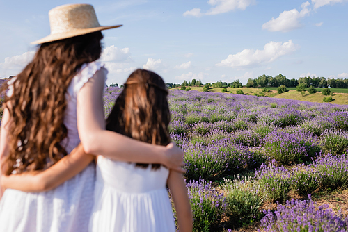 back view of brunette mom and girl in straw hats embracing in lavender meadow