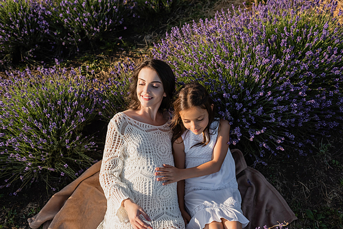high angle view of pregnant woman and daughter sitting on blanket in lavender meadow