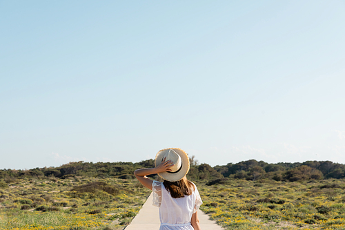 Back view of woman in dress holding straw hat on beach