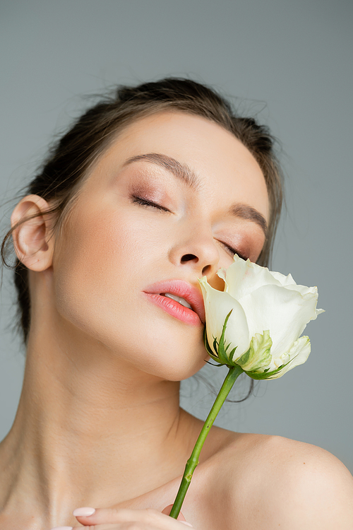 charming woman with natural makeup and closed eyes posing with white rose near face isolated on grey
