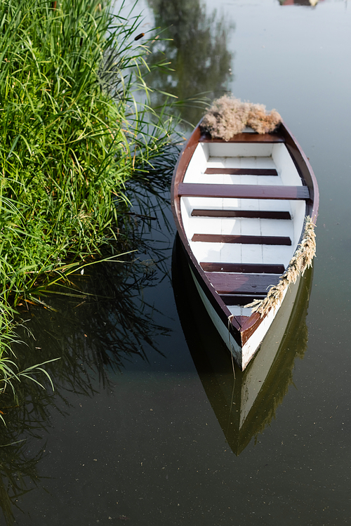 wooden boat near green plants near lake