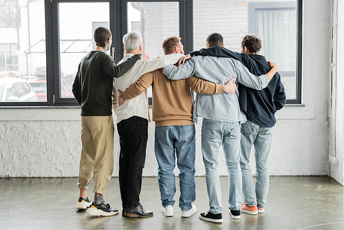 Back view of interracial men hugging during anonymous alcoholics meeting in rehab center