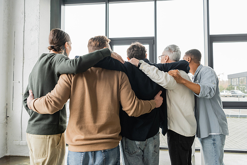 Back view of multiethnic people with alcohol addiction hugging during therapy in rehab center