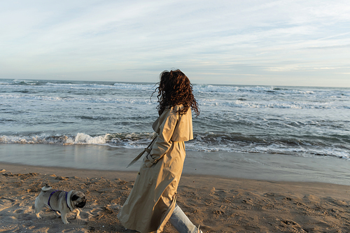 full length of curly woman in trench coat walking with pug dog on beach near sea in Barcelona