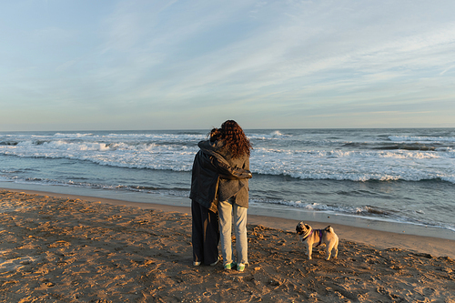 Back view of young women hugging near pug dog on beach in Spain