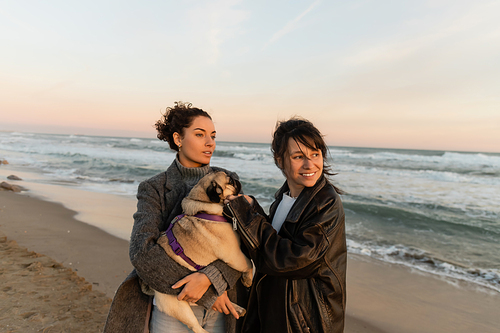 Cheerful friends holding pug dog on beach in Barcelona