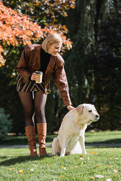 full length of happy blonde woman holding paper cup and cuddling labrador in park