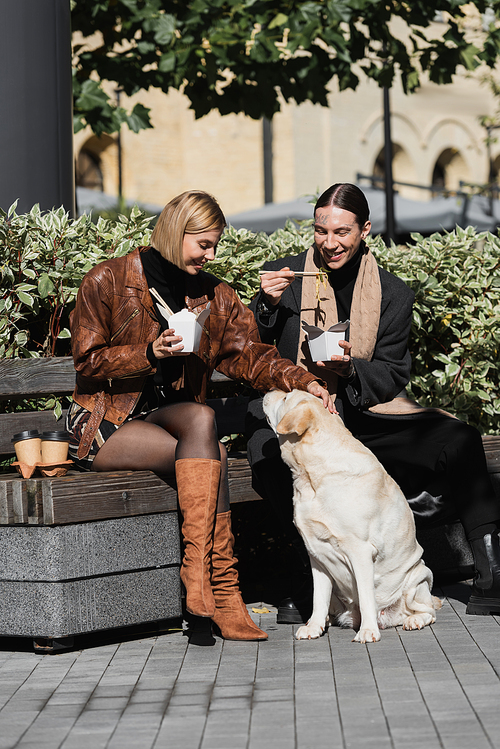 cheerful young couple eating takeaway asian food while sitting on bench near labrador dog