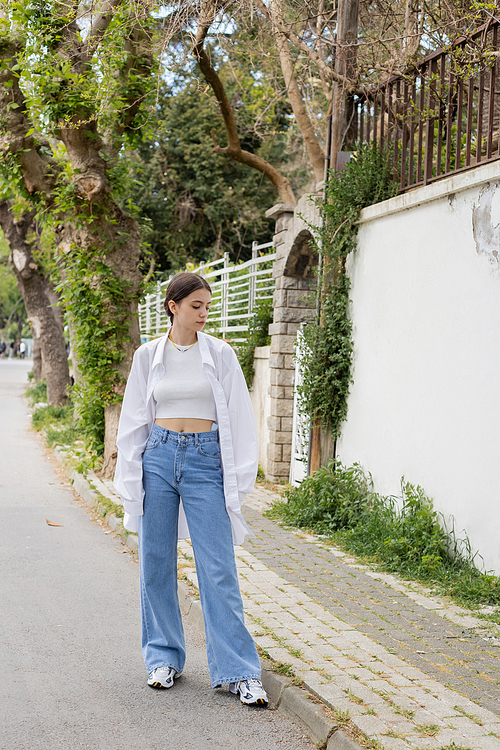 Stylish brunette woman in shirt and jeans standing on urban street in Istanbul
