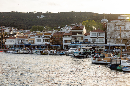 different yachts and houses near embankment of Princess islands in Turkey