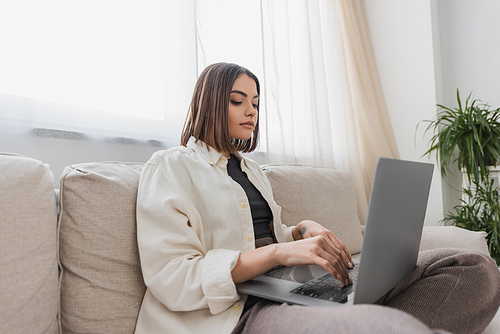 Young brunette freelancer using laptop on couch in living room