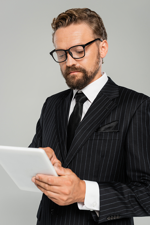 businessman in formal wear and glasses using digital tablet isolated on grey