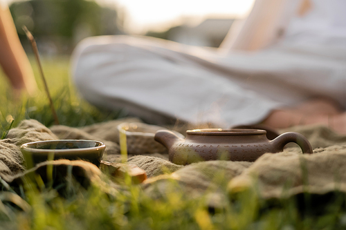 linen rug with ceramic teapot and cups on green grass near man in blurred background