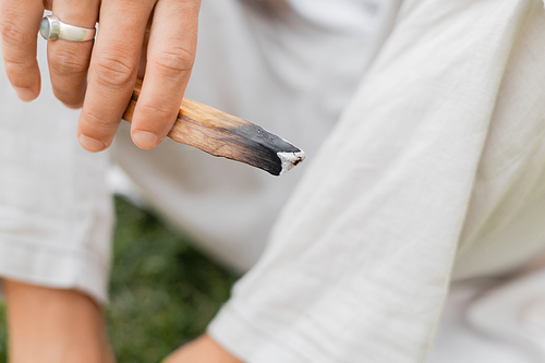 partial view of man with silver ring on finger holding smoldering palo santo stick