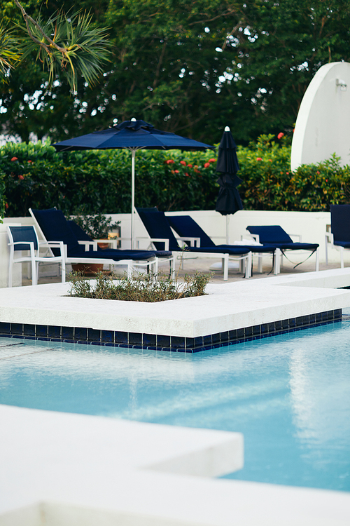 vacation and holiday concept, blue sunbeds and outdoor chairs near umbrellas around green palm trees and tropical plants next to outdoor swimming pool in hotel, luxury resort, summer