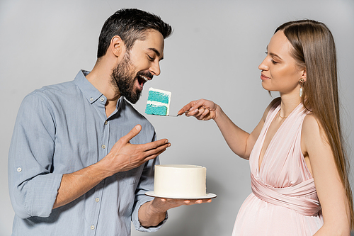 Positive and elegant pregnant woman feeding husband with blue cake during baby shower and celebration on grey background, expecting parents concept, gender party, it`s a boy