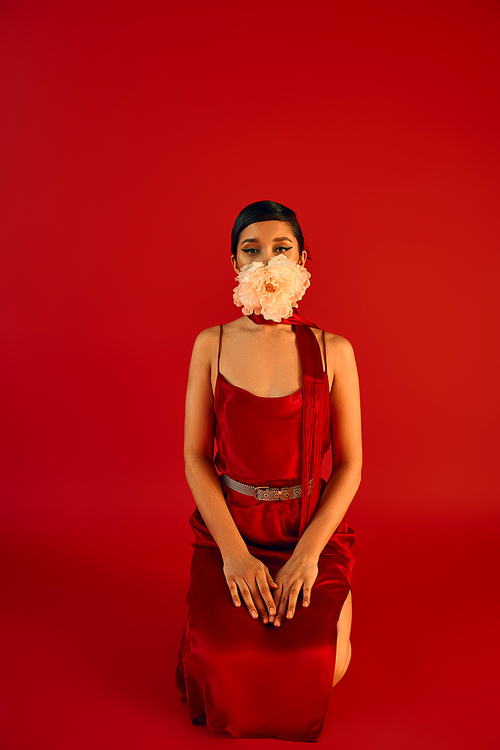 spring fashion concept, young asian woman with brunette hair and bold makeup, wearing elegant dress and neckerchief, holding white peony in mouth while kneeling on red background