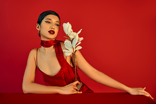 stylish and charming asian woman in elegant dress and neckerchief, with brunette hair and bold makeup looking at blooming orchid near table on red background, spring fashion photography