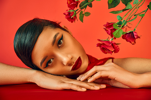 portrait of charming and sensual asian woman with brunette hair and bold makeup laying on table near fresh roses and looking at camera on red background, youthful fashion, trendy spring