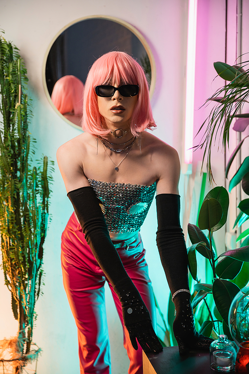 Fashionable drag queen in sunglasses and gloves standing near plants at home