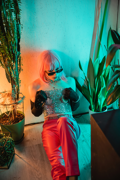 Fashionable drag queen in sunglasses and silver top sitting near plants at home