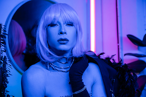 Portrait of stylish drag queen in wig and glove looking at camera in neon light at home