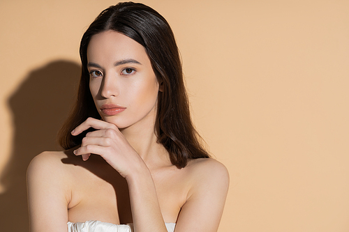 Long haired young asian woman looking at camera while posing on beige background with shadow