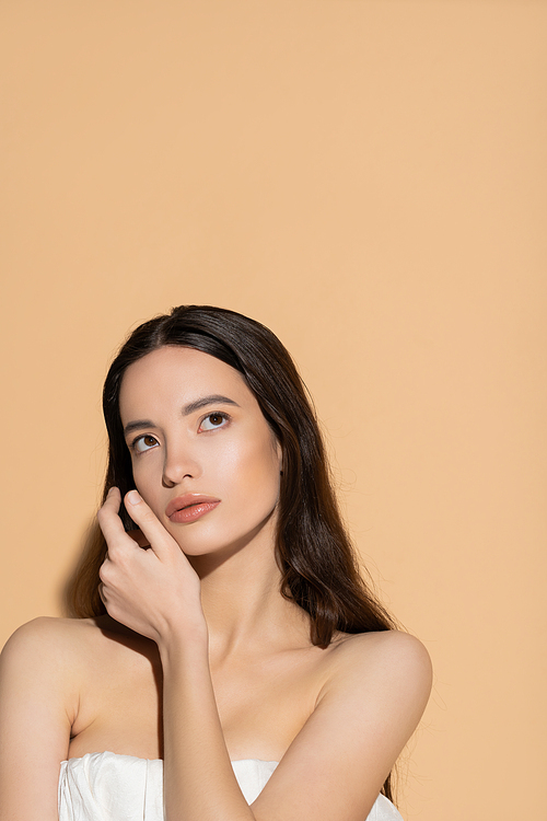 Young asian woman with long hair and natural makeup touching cheek on beige background with shadow