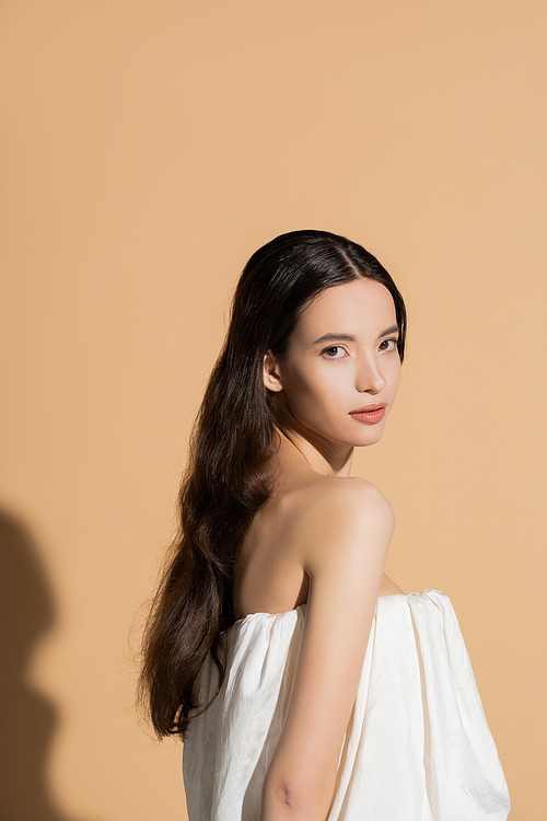 Pretty young long haired asian model in top looking at camera on beige background with shadow