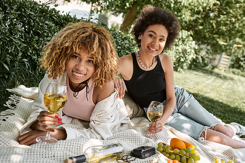 african american girlfriends with wine glasses smiling at camera near fresh fruits, picnic, summer