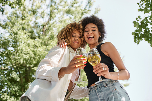 laughing african american girlfriends embracing and clinking wine glasses, park, summer, picnic