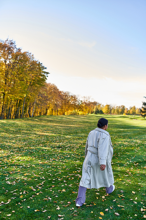 back view of african american woman in trench coat walking on grass with golden leaves, autumn park