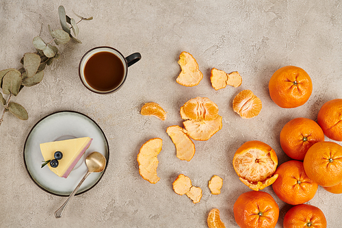 ripe tangerines and traditional hot chocolate drink and Christmas pudding on grey textured surface