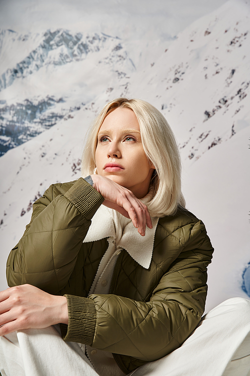 portrait of dreamy woman sitting on snow with hand under chin and looking away, winter fashion