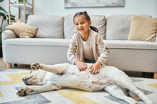 happy cute girl in casual attire smiling and stroking dog in modern living room, kid and labrador