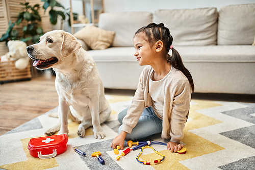 happy girl in casual attire playing doctor with labrador in modern living room, toy first aid kit