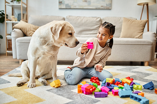 happy girl playing with colorful toy blocks near labrador in living room, building tower game