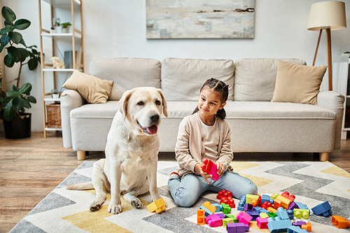 cheerful girl playing with colorful toy blocks near labrador in living room, building tower game