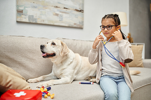 happy kid in casual wear and eyeglasses playing doctor with labrador dog on sofa in living room