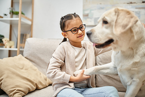 happy elementary age girl in eyeglasses holding paw of labrador and sitting on sofa in living room