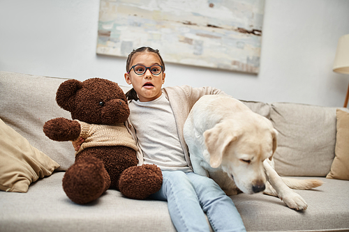 scared girl in eyeglasses holding teddy bear and sitting on sofa with labrador while watching movie