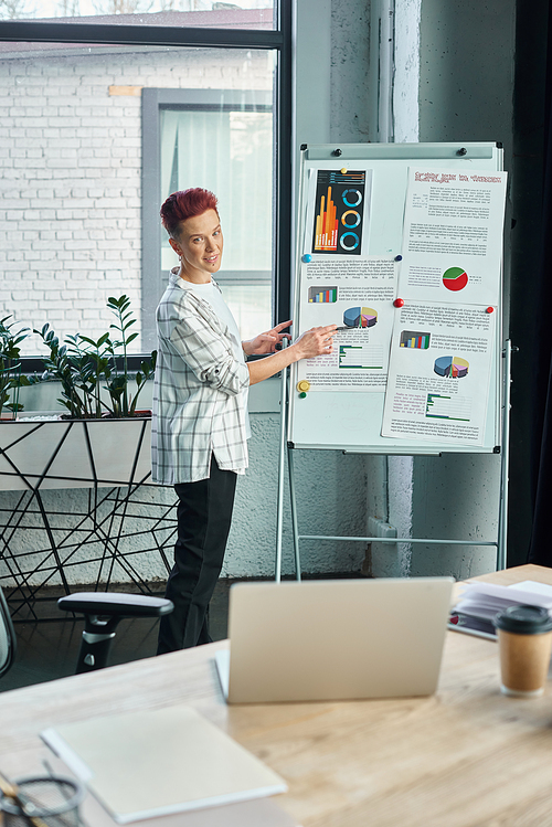 bigender manager pointing at flip chart with graphs during video call on laptop in modern office