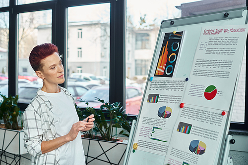 thoughtful bigender person looking at flip chart with business analytics in while working in office