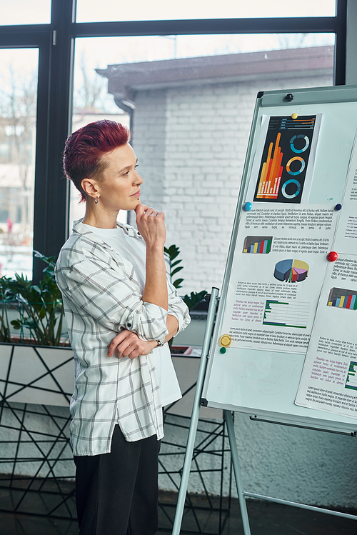 thoughtful bigender person looking at flip chart with business analytics in while working in office